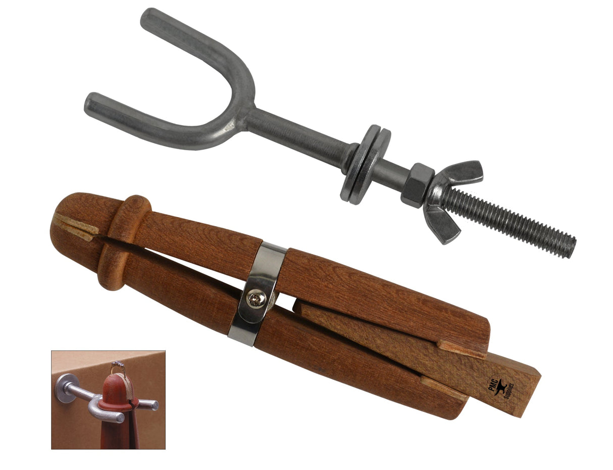 Mahogany ring clamp with metal holder and leather jaws for secure grip in jewelry making and metalworking