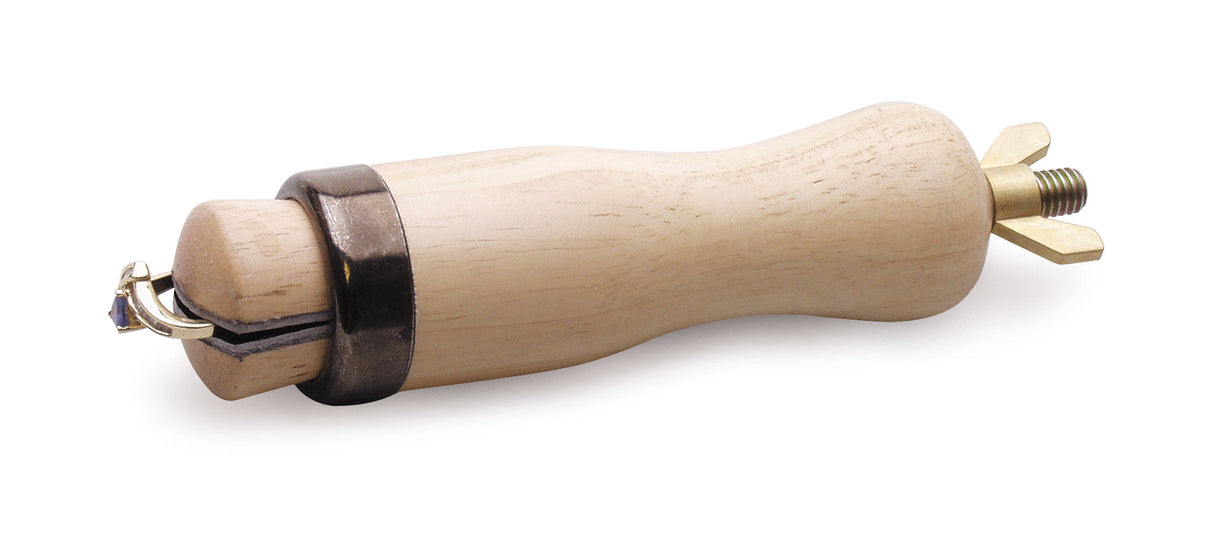 6-inch parallel jaw clamp with wooden handle, leather jaws, and brass wing nut securing a ring