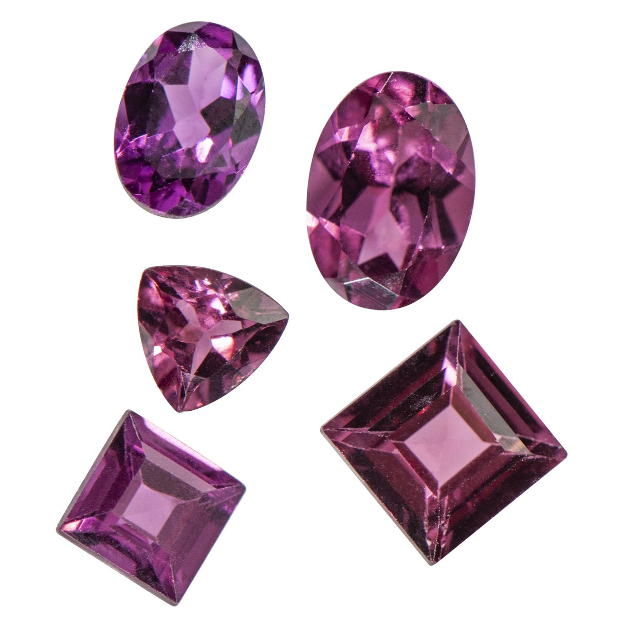 Rhodolite 5mm square faceted gemstone with vibrant pink-red hue and symmetrical sparkle
