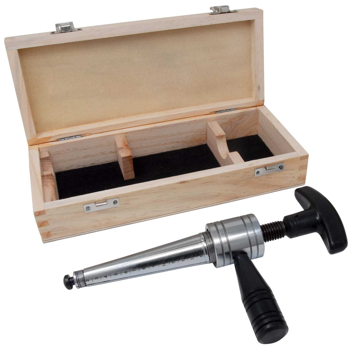 Hand operated ring expander tool with wood storage box for precise and safe ring resizing