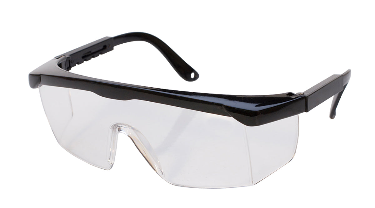 Clear impact resistant safety glasses with adjustable black frame and distortion-free lenses for eye protection