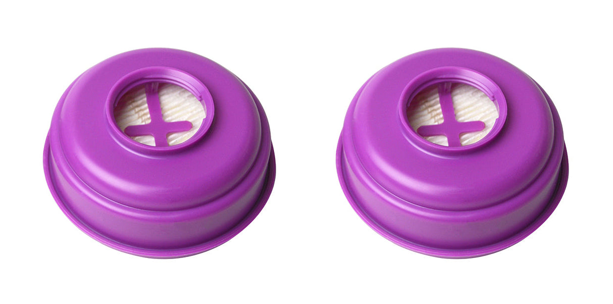 Pair of purple North by Honeywell P100 respirator filters for 5400, 5500, 7600, 7700 series with compact design
