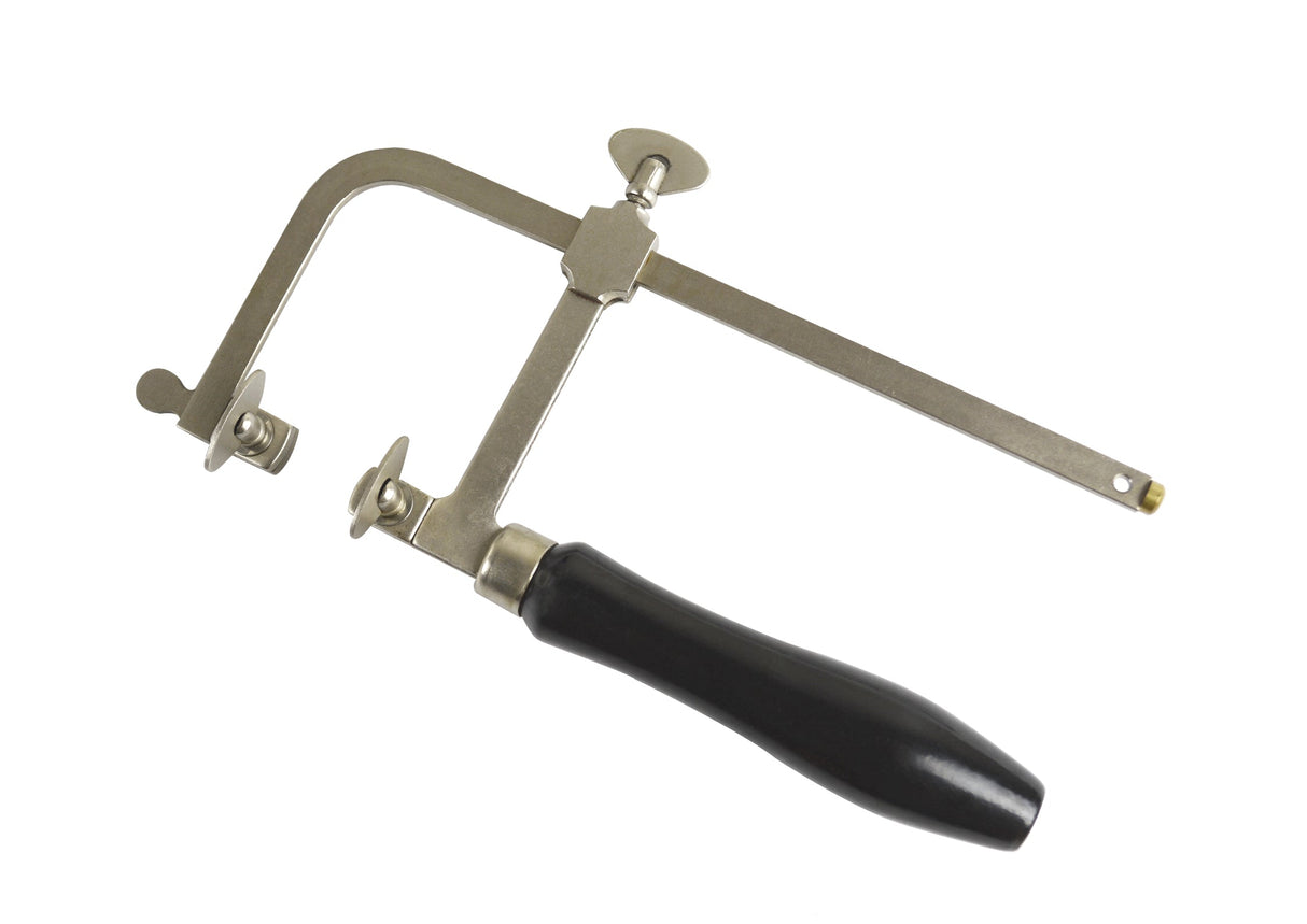 2-1/2 inch German-Style Economy Adjustable Saw Frame with hardened steel, adjustable blade tension, serrated clamps, and black handle