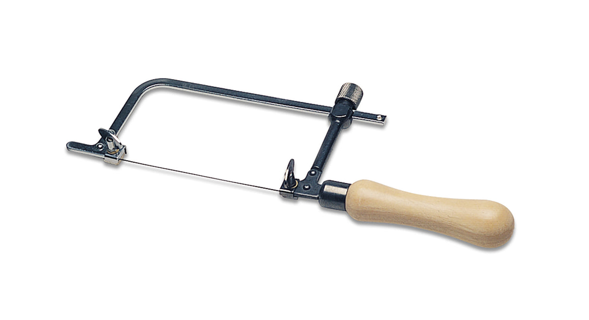 3-inch adjustable jeweler's saw frame with hardwood handle and large thumbscrews for precise metal cutting