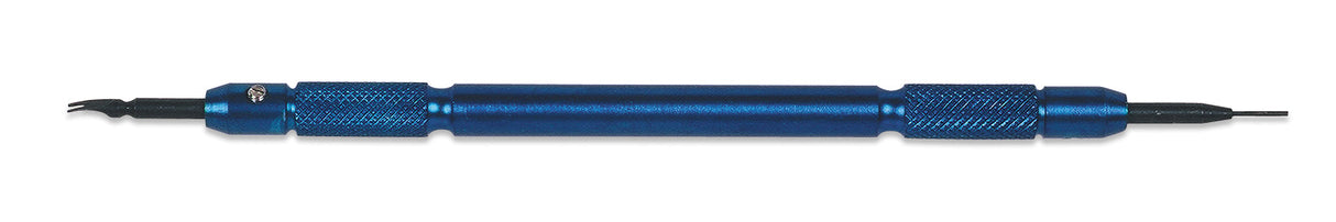 Japanese-Style Spring Bar Tool with blue anodized aluminum body and dual hardened steel tips for watch strap removal and replacement
