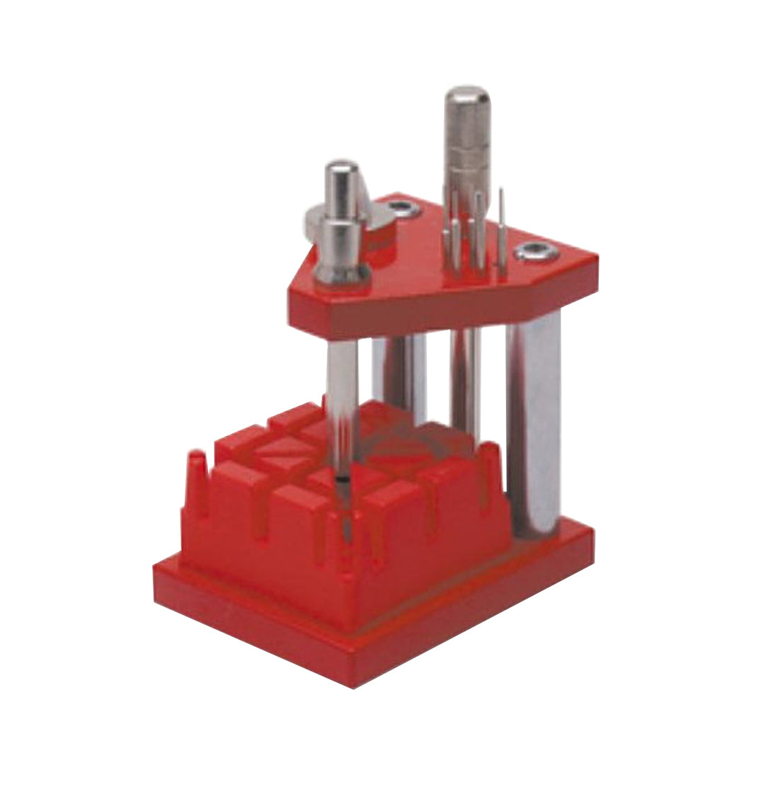 Compact red watch link tool for precise bracelet pin and spring bar removal and installation