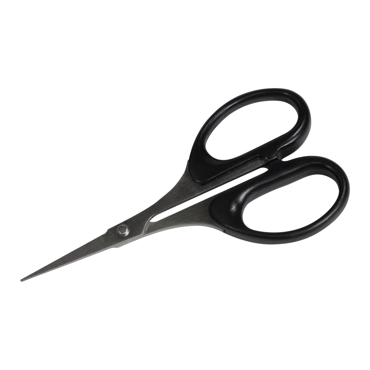Scissors with 1-1/4 inch stainless steel blades and black ergonomic handles for precision beadwork and jewelry making