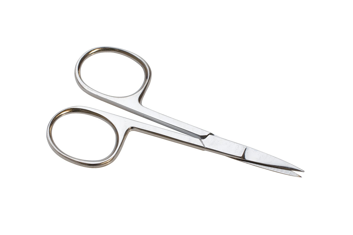 Stainless steel scissors with 1-inch straight blades and fine points for precise thread and ribbon cutting.