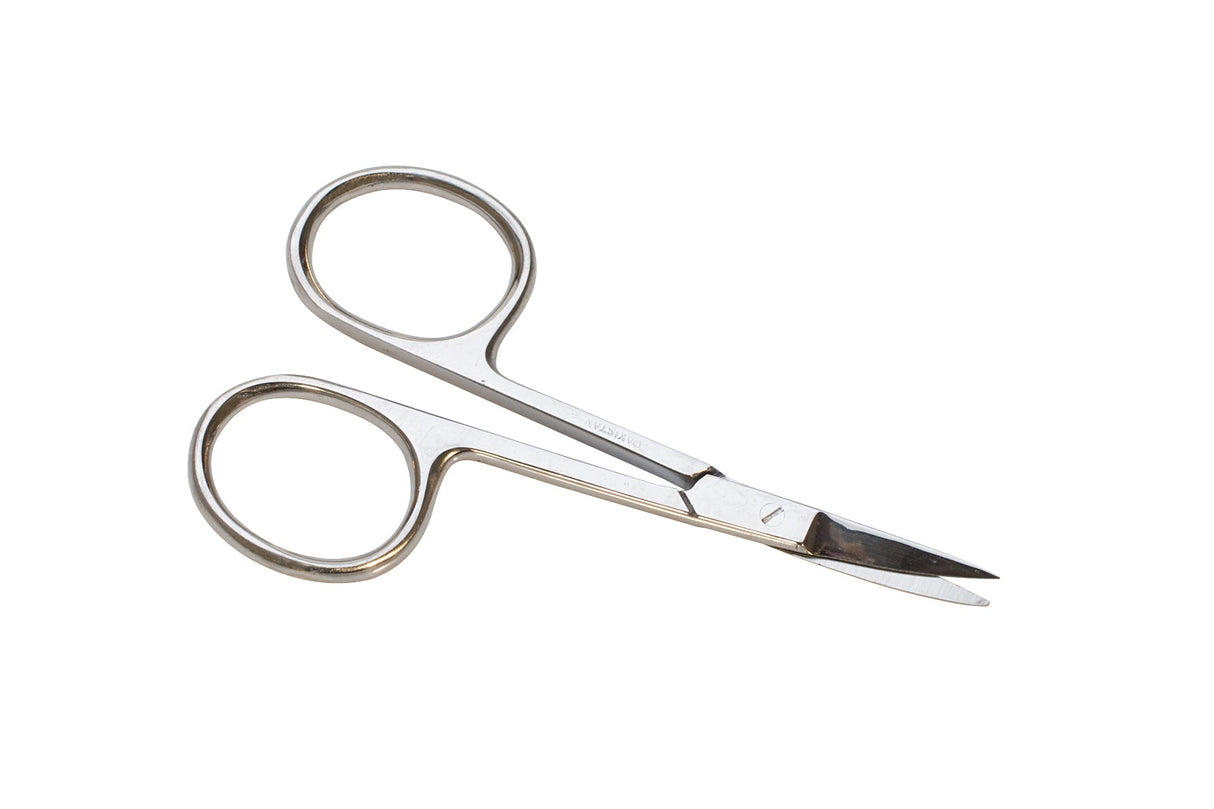 Stainless steel scissors with 1-inch curved blades for precise craft and fabric cutting.