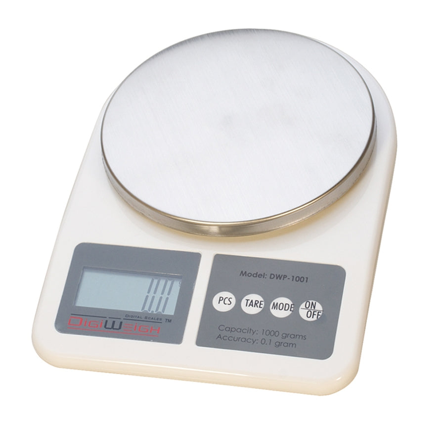 Digital tabletop balance scale with 1000g capacity and 0.1g precision for accurate weighing and counting.