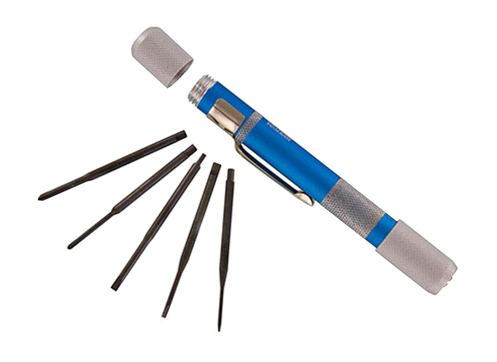 5 Piece Screwdriver Set with pen-size aluminum holder, anodized blue barrel, pocket clip, and five precision heat-treated alloy steel blades for small electronics and fine tasks