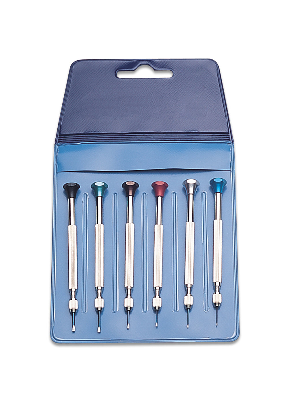 6 piece screwdriver set with color-coded hex heads and reversible blades in a compact blue case