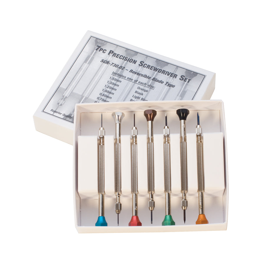 7 piece precision screwdriver set in box with color-coded handles and reversible blades
