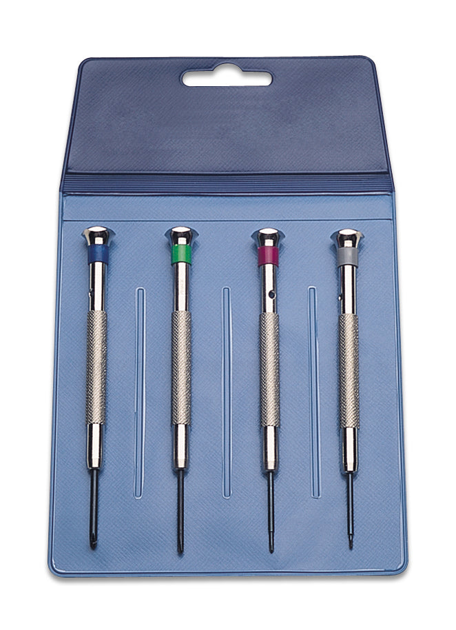 4 Piece Phillips Screwdriver Set with knurled handles and tempered steel blades in compact blue case
