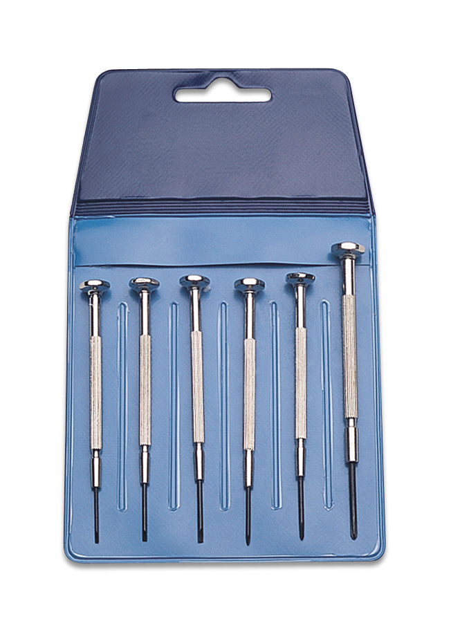 6 Piece Mini Delta Screwdriver Set with three Phillips and three straight blade mini screwdrivers in blue case for precision work