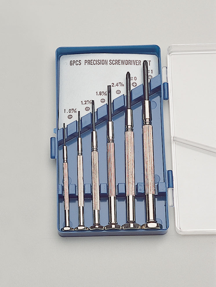 6 piece economy combination precision screwdriver set with four straight blade and two Phillips drivers in a compact plastic case