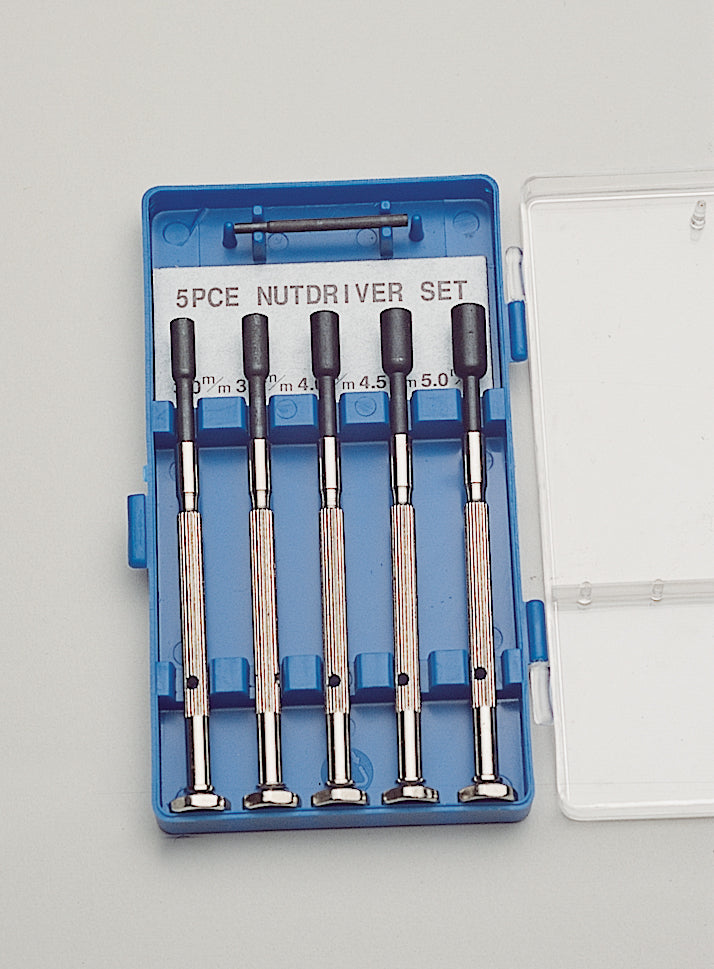 5-piece metric nut driver set in blue plastic case with sizes 3mm to 5mm for precision repairs and maintenance