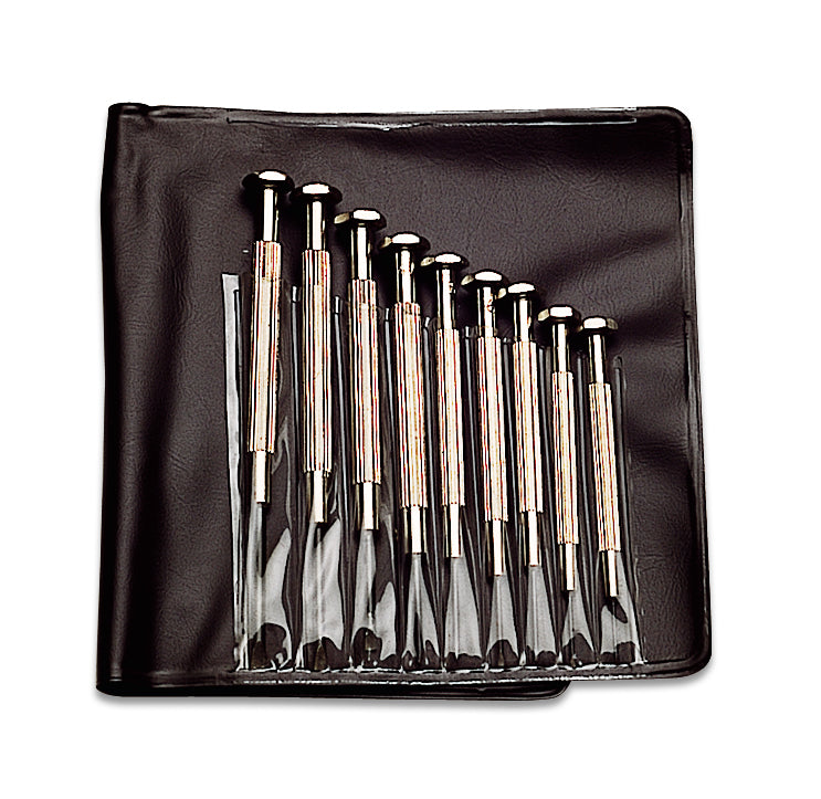 9 Piece Economy Screwdriver Set with tempered steel blades and nickel-plated handles in black roll-up pouch