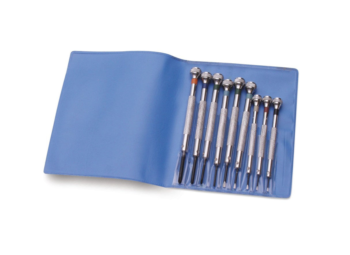 9 Piece Screwdriver Set with straight and Phillips styles in a blue foldable case for precision work