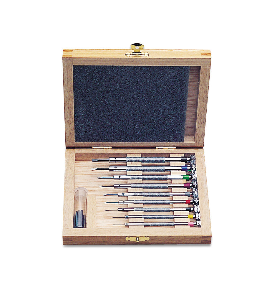 9 Piece Screwdriver Set with nine precision screwdrivers and spare blades in a compact wooden box for organized, portable tool storage