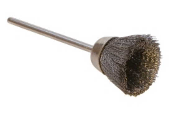 1/2 inch steel crimped cup brush with 3/32 inch mandrel for metal surface prep and deburring