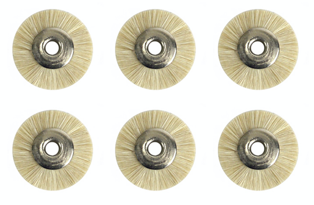 Set of six unmounted white bristle brushes with 3/32" shank and 3/4" wheel for precise finishing and polishing.