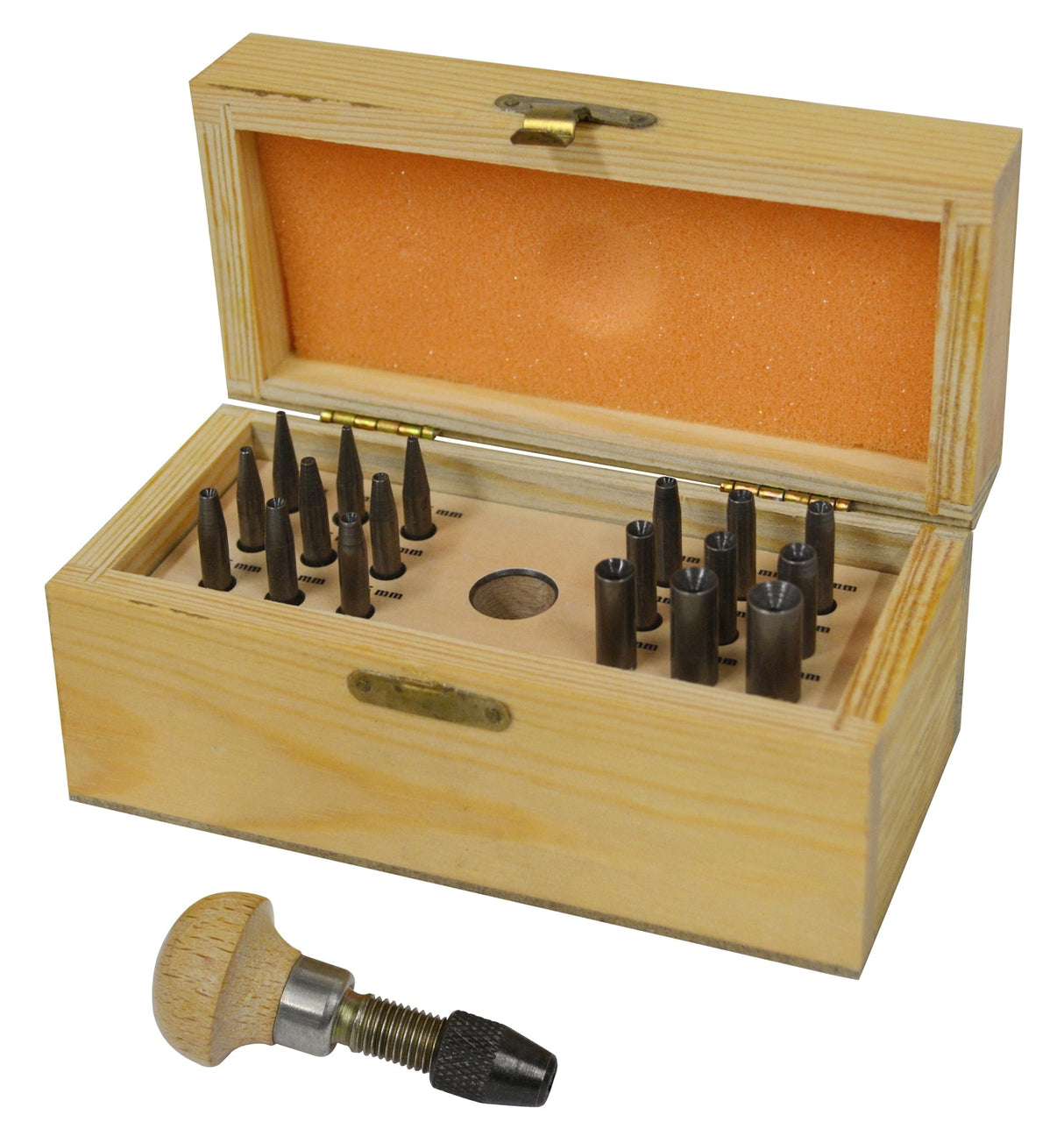 18-piece stone setting prong pushing burnisher set with concave tempered punches in wooden box for precise jewelry stone setting