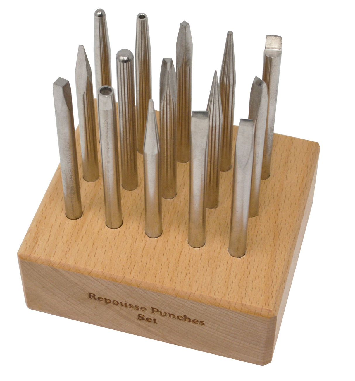 15-piece repoussé punch set with metal punches and wooden holder for jewelry making and metalworking embossing designs