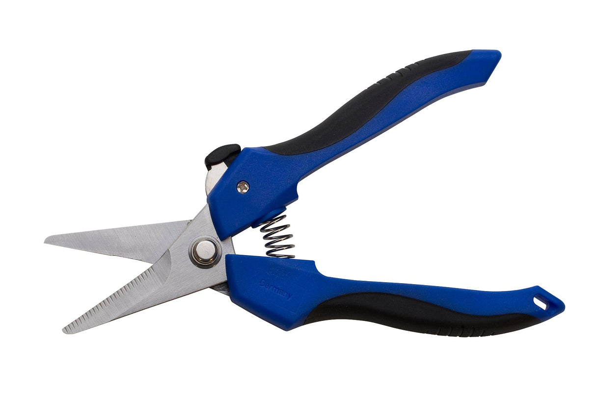 7-1/2" Super Shears with return spring, tempered stainless steel blades, and ergonomic blue and black handles