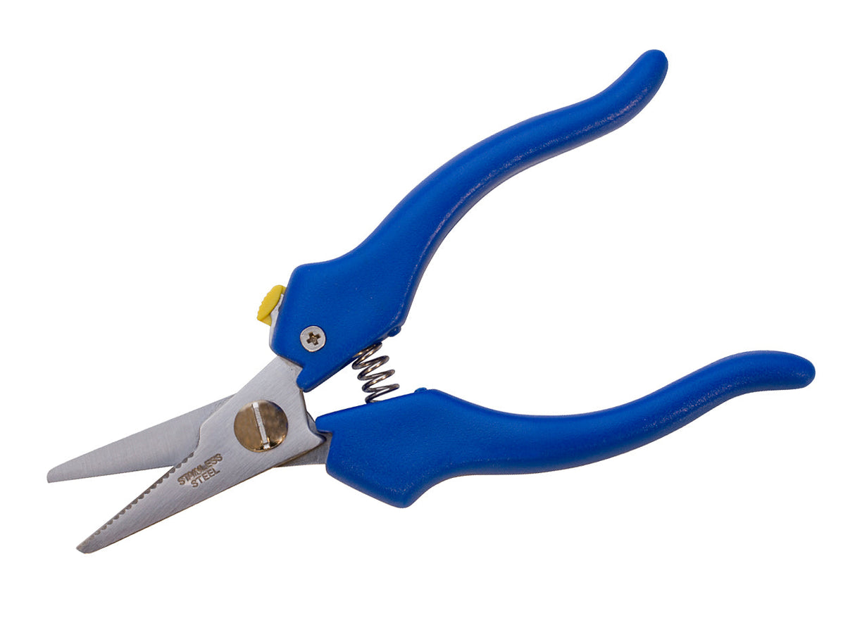 5-1/2" Small Super Shears with blue ergonomic handles and return spring, tempered stainless steel blades for versatile cutting