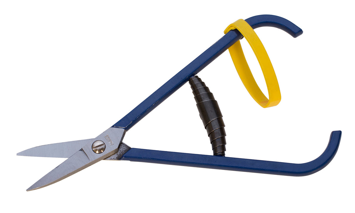 7-inch straight shears with blue ergonomic handles and spring action for cutting up to 20 gauge sheet metal, made in France
