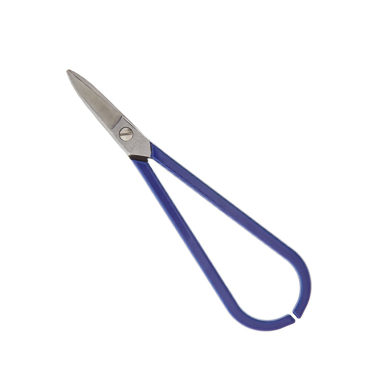 7-inch curved shears with blue handles and narrow pointed blades for precision cutting up to 20 gauge sheet stock