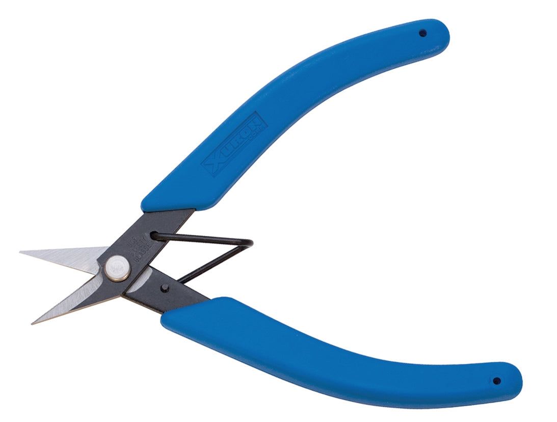 Xuron 9180 High Durability Shears with serrated blades and blue ergonomic handles for cutting high-strength fibers and metal