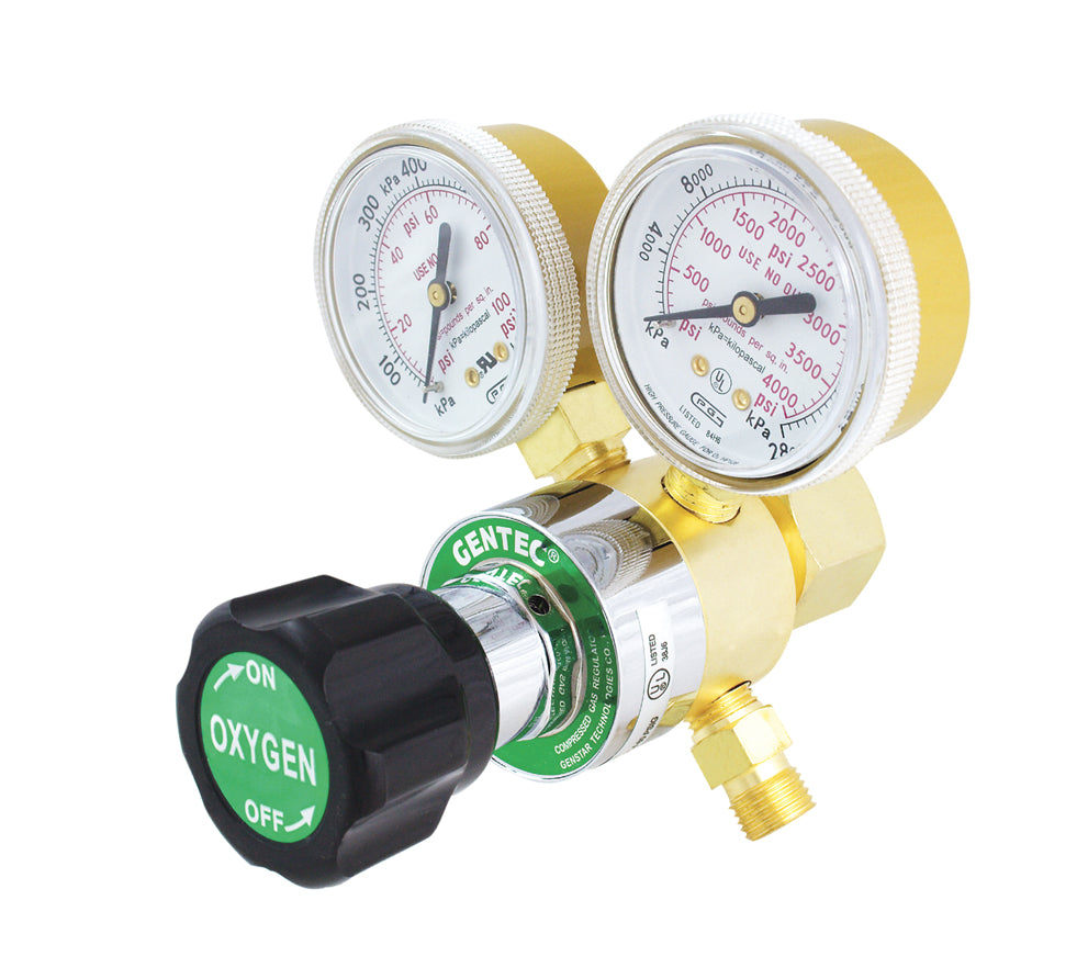 Gentec oxygen regulator with dual gauges and adjustable control knob for precise oxygen delivery