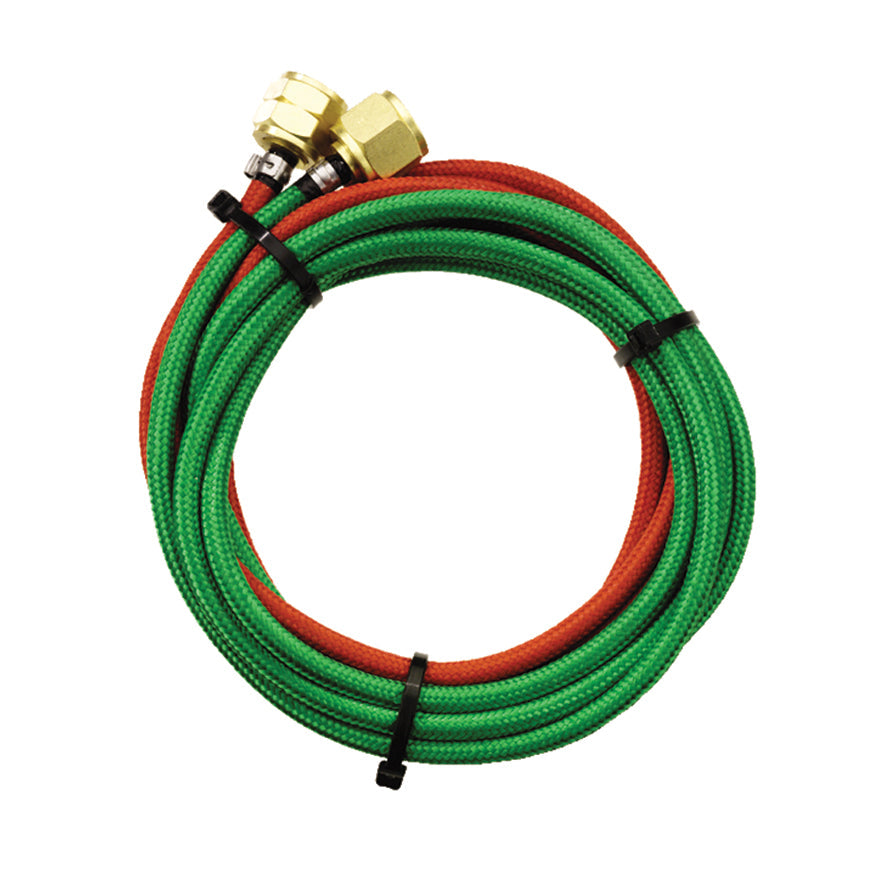 6-foot small torch hoses with B fittings in red and green for gas transfer