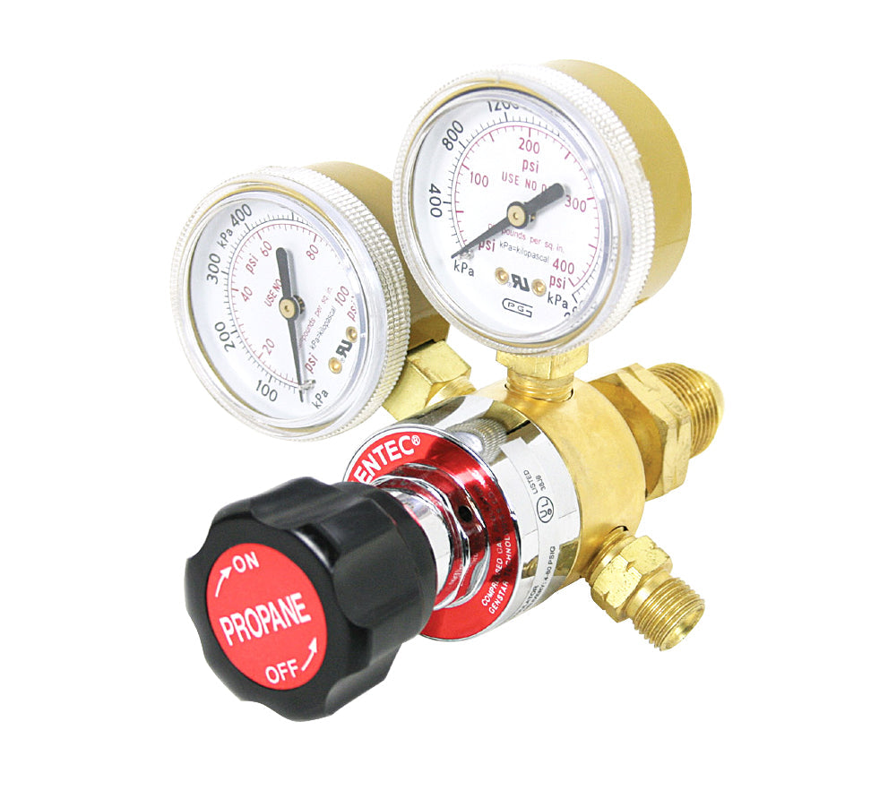 Propane regulator with dual pressure gauges, rear entry design, and chrome plated housing for durable, precise gas pressure control.