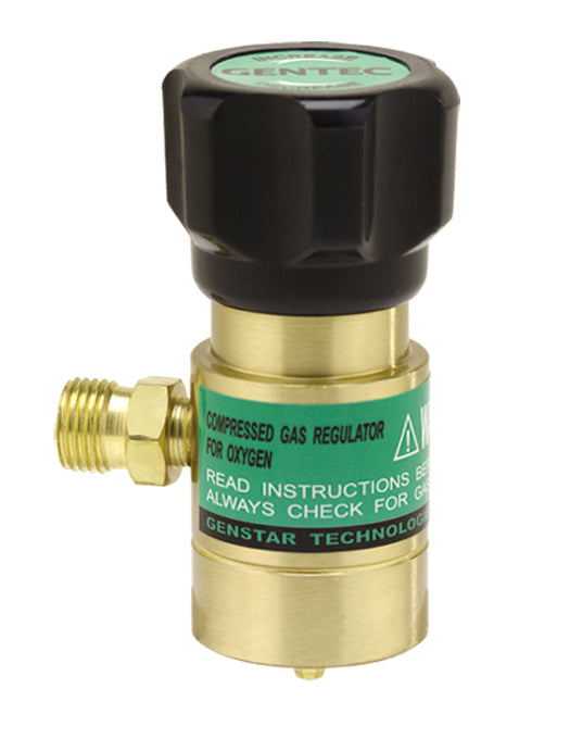 Disposable fuel regulator for oxygen with brass body and black control knob for precise flow control