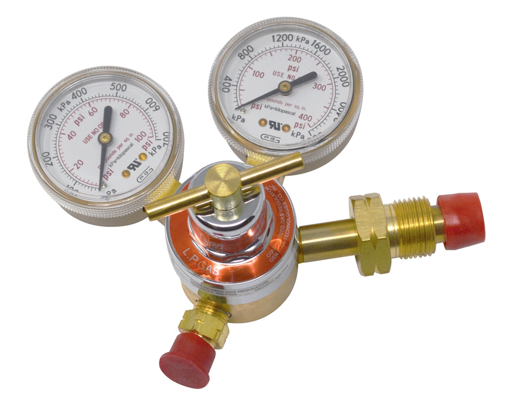 Single stage propane MAPP gas regulator with dual pressure gauges and brass construction