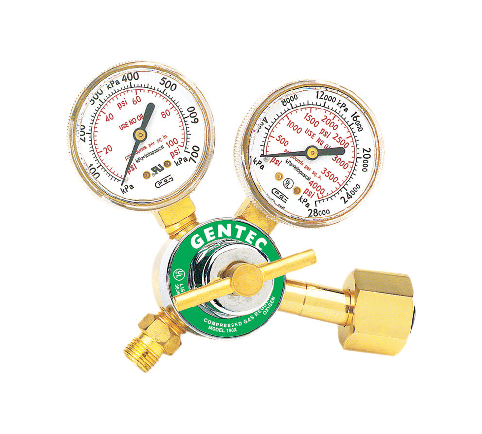Single Stage Oxygen Regulator by Gentec with dual pressure gauges and precise flow control
