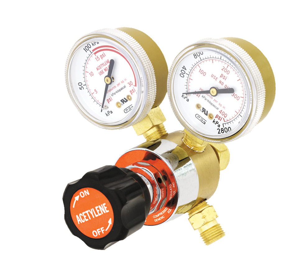 Acetylene regulator for MC tanks with dual gauges and precision control knob