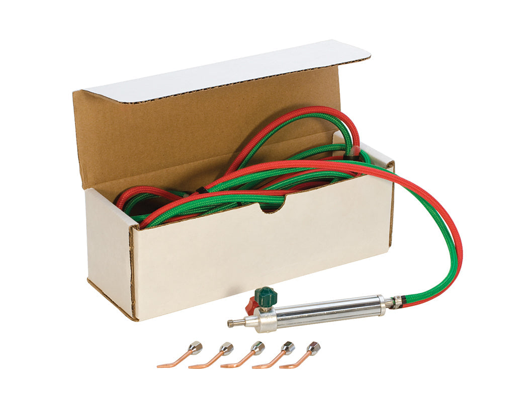 Oxygen/Acetylene Small Torch Kit with easy-turn knobs and hoses in a box with torch tips.