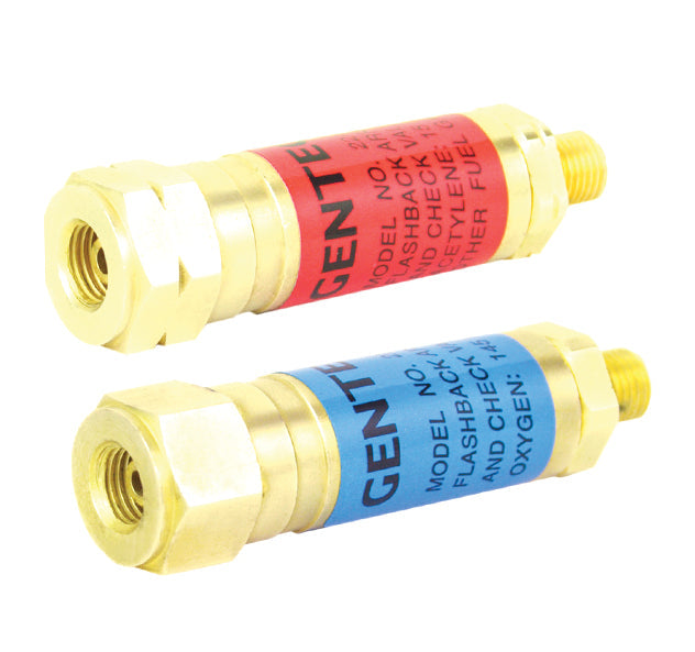 Pair of flashback arrestors for regulator-to-hose gas safety connections with built-in check valves