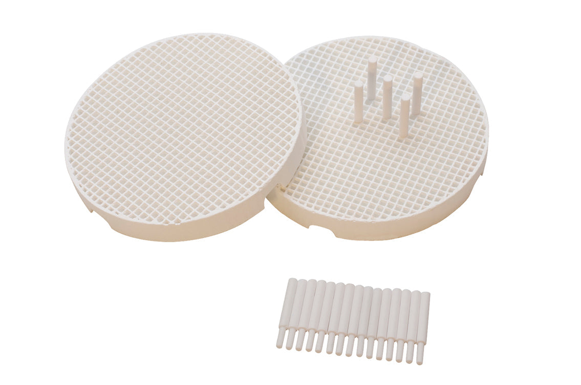 Set of 2 round mini honeycomb boards with large holes and 20 ceramic pins for precise soldering and electronics workholding