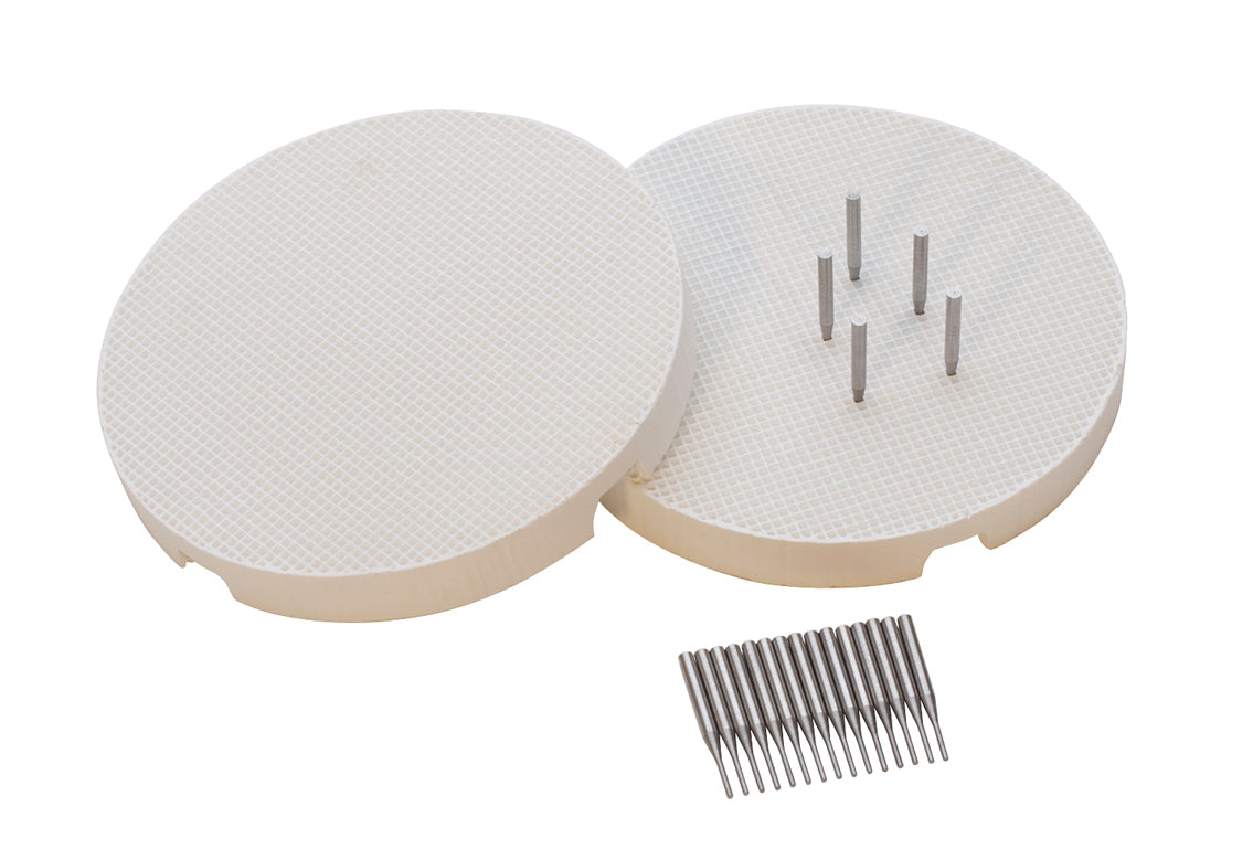 Set of 2 ceramic mini honeycomb boards with small holes and 20 metal pins for precise soldering and crafting.
