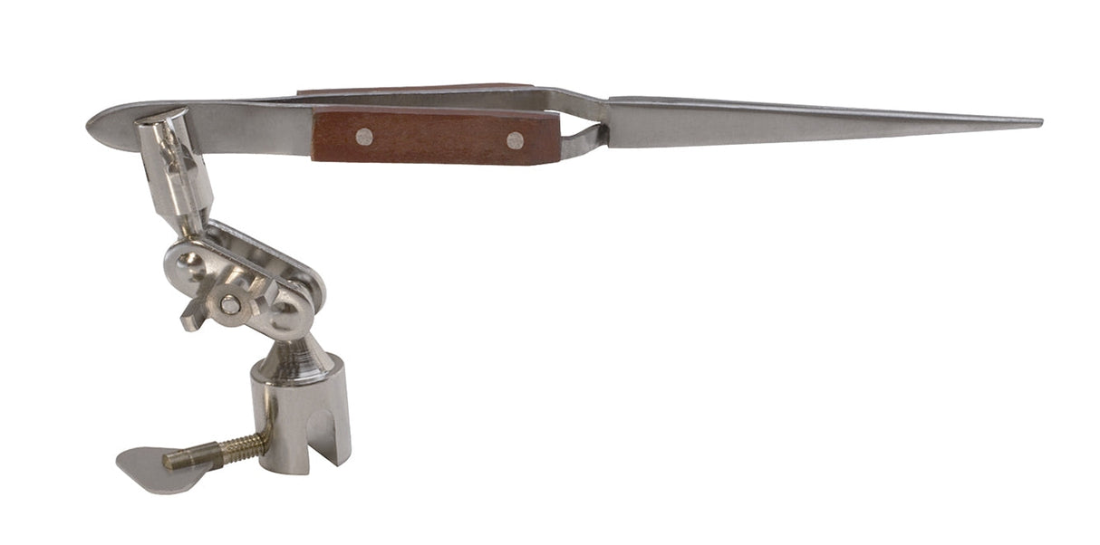Third hand clamp with adjustable base and 4-1/2 inch fiber grip tweezers for precise soldering and jewelry making.
