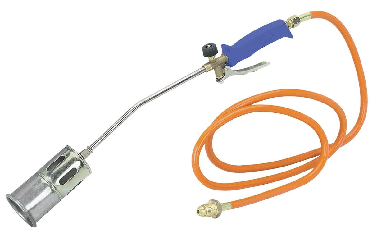Liquid propane gas turbo blast torch with orange hose and blue handle for high heat projects