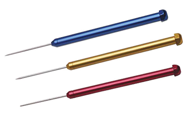 Set of 3 non-sticking titanium soldering picks with blue, gold, and red non-roll handles for precise metalwork