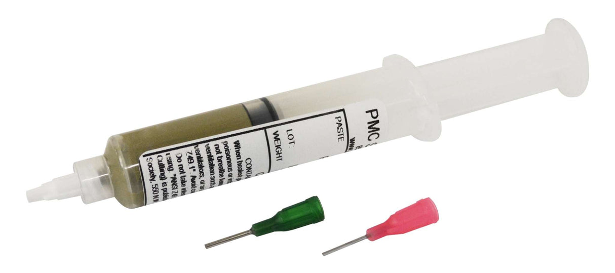 1/2 oz silver soldering paste syringe with green and pink application tips for jewelry repair and assembly