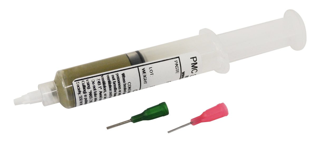 1/4 T. Oz Silver Soldering Paste syringe for precise jewelry repairs with green and pink needle tips