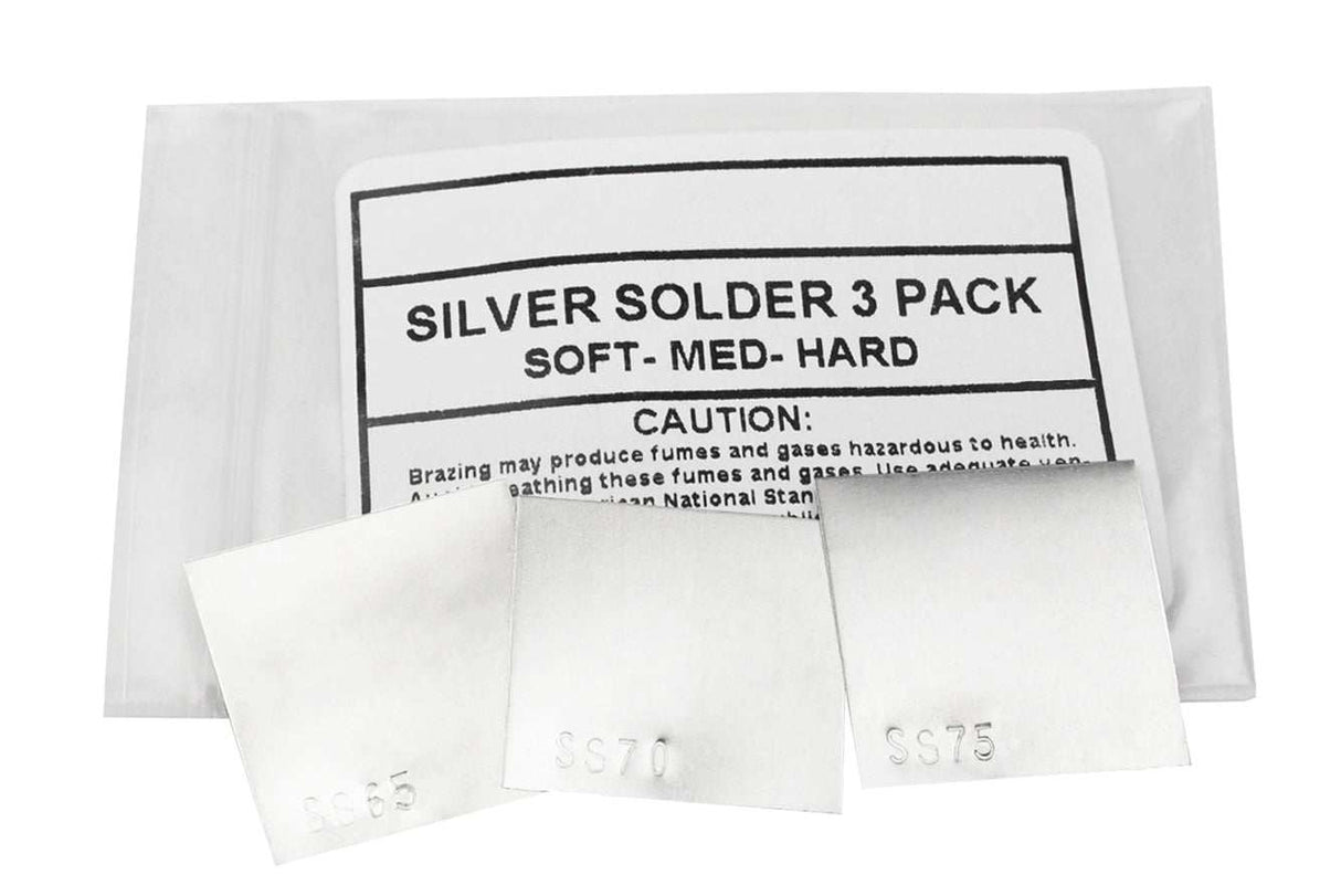 3-piece silver solder sheet set with soft SS65, medium SS70, and hard SS75 sheets for jewelry making and metalwork.